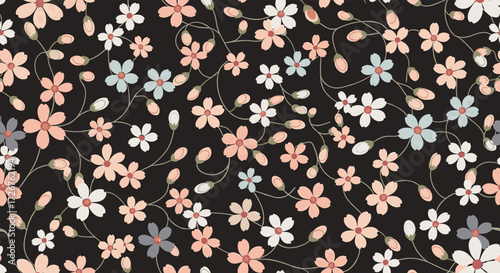 A delicate pattern of small floral blooms with twisting vines on a dark background.