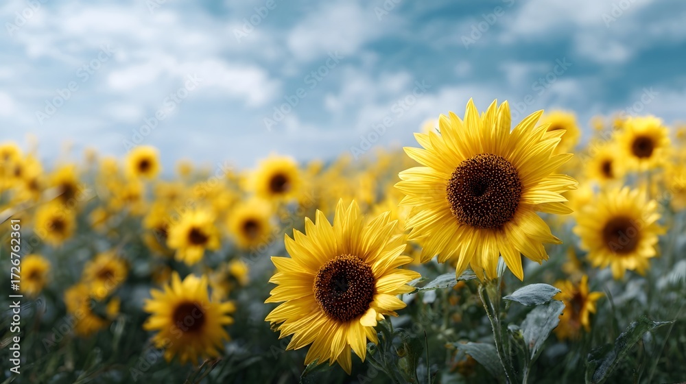 Fototapeta premium A vibrant field of yellow sunflowers under a bright blue sky with scattered clouds capturing the essence of summer and natural beauty