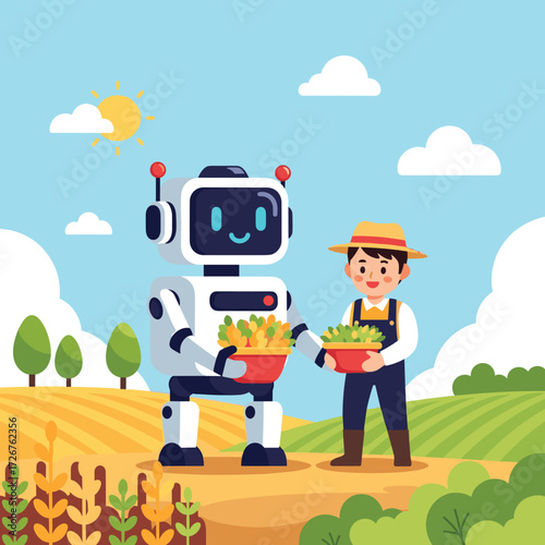 Illustration of a robot and farmer holding crops in a field on a sunny day with blue sky and clouds