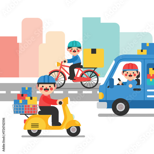 Cartoon delivery scene depicting a truck scooter and bicycle on a city street with packages being delivered