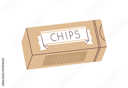 Chips in carton box package. Crisps, potato snack in cardboard pack. Crunchy crispy salty eating, tasty unhealthy product. Flat vector illustration isolated on white background