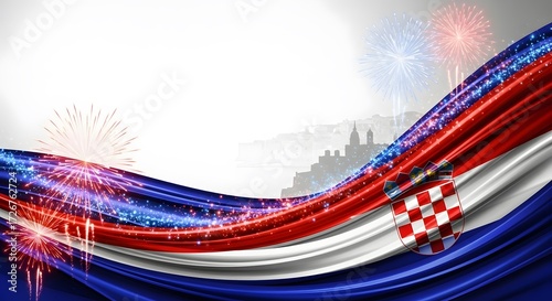 Festive abstract background celebrating Croatia’s Independence, bold sweeping waves in Croatian flag colors with glowing fireworks effects, faint silhouette of Dubrovnik city walls blended subtly