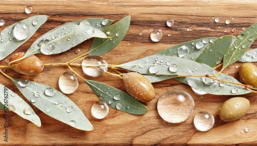 Natural eucalyptus leaves and olives adorned with water droplets on a light brown wooden surface.