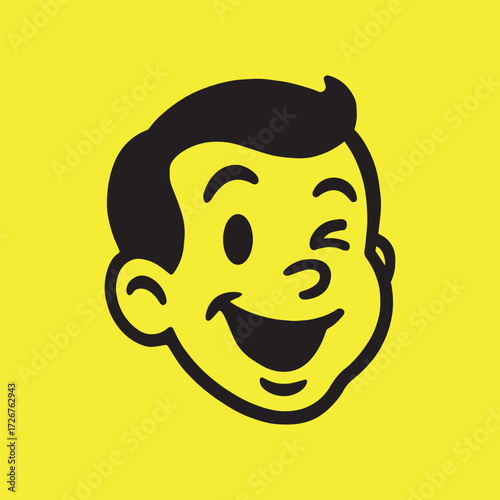 Retro cartoon boy face winking illustration on yellow background
