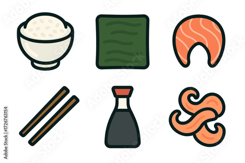 Collection of essential Japanese food icons featuring rice, nori, salmon, chopsticks, soy sauce, and seafood ingredients