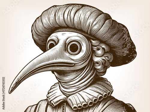 plague doctor wearing beaked mask, round goggles, and traditional historical clothing with ruff collar sketch engraving generative ai vector illustration. Scratch board. Black and white image.