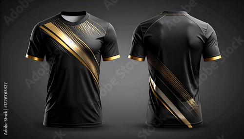 Elegant Black and Gold Soccer Jersey Design Displayed on a Mannequin, Sleek Black Athletic Shirt with Gold Accents Shown on Front and Back Views