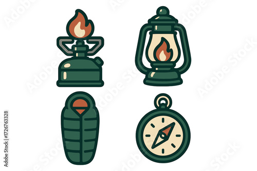 Outdoor adventure essentials: portable camping stove, classic lantern, sleeping bag, navigation compass
