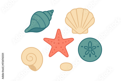 Vibrant collection of colorful seashells, starfish, and sand dollar marine life elements on a clean white background