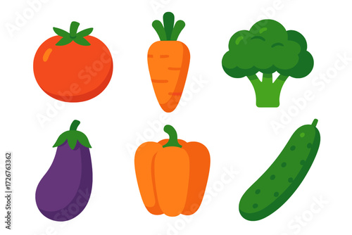 Colorful assortment of fresh healthy organic vegetables including ripe tomato, crisp carrot, green broccoli, purple eggplant, vibrant bell pepper, and cool cucumber