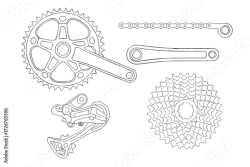 Detailed set of bicycle drivetrain components including chainring, crank arm, chain, derailleur, and cassette