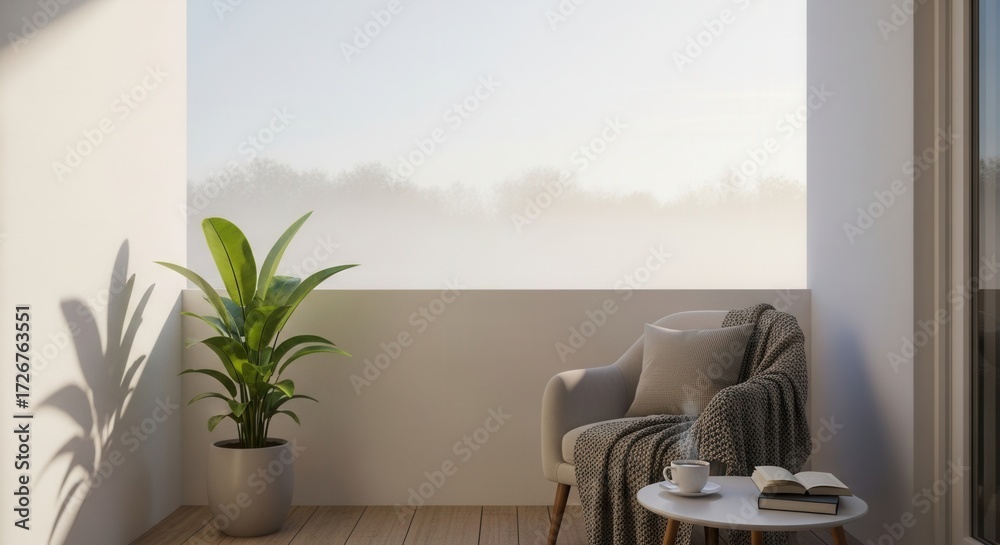 Fototapeta premium Cozy balcony scene with armchair, blanket, book, and serene foggy landscape view creating a