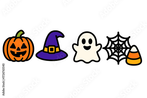 Collection of Halloween holiday symbols including jack-o'-lantern, witch hat, friendly ghost, spiderweb, and candy corn
