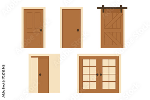 Set of different styles of wooden doors including panel, flush, sliding, barn, and french doors for architectural concepts and interior design