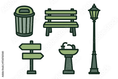Public park amenities set with bench, lamppost, trash can, sign, and drinking fountain