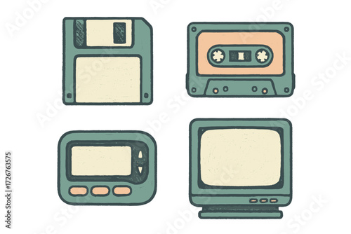 Nostalgic retro technology objects featuring a floppy disk, audio cassette, pager, and CRT monitor