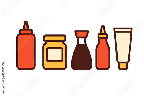 Assortment of popular food condiments and sauces in various bottles and jars for cooking, dining, and meal preparation