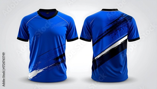 Front and Back View of a Blue Sports Jersey with Abstract Design, Modern Blue Shirt for Athletes with Black and White Accents and a Dynamic Design