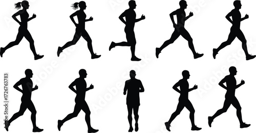 Running silhouettes, athlete stride phases, human motion, jogging posture, fitness movement, black vector, sports illustration set