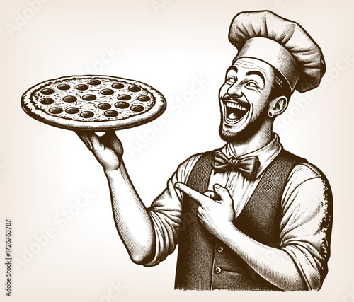 cheerful pizzaiolo, smiling widely while presenting a freshly baked pizza comic style sketch engraving generative ai fictional character vector illustration. Scratch board. Black and white image.