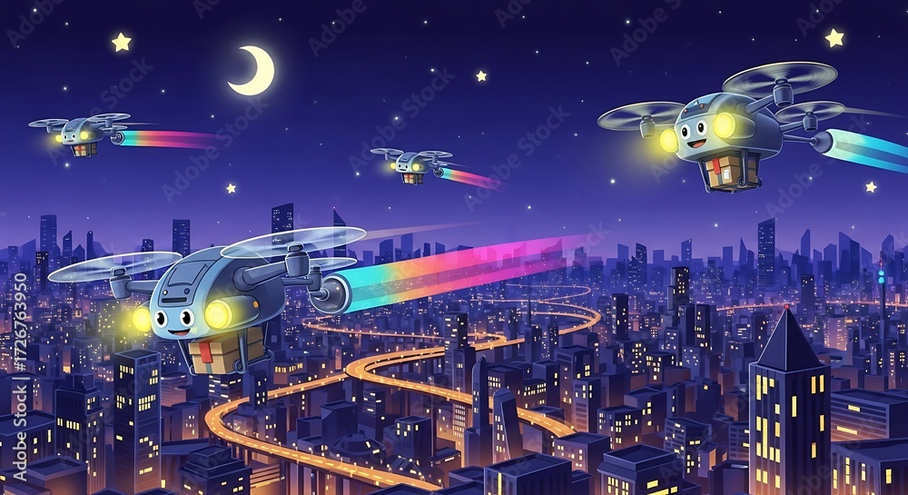 Fototapeta premium Drones Delivering at Night.