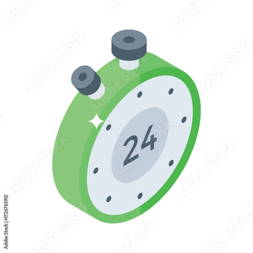 Isometric stopwatch icon symbolizing 24 hour service or tracking.