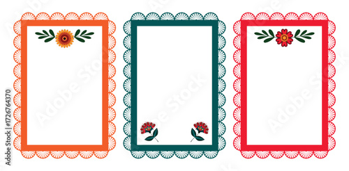 A set of vector frames in various colors, featuring Mexican floral decor. Traditional Mexican design with vibrant flowers and leaves. Vector design for decor, banners, text boxes, photos, cards.