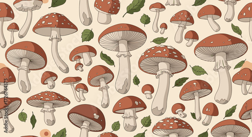 A whimsical pattern of various toadstools and forest foliage in earthy tones.