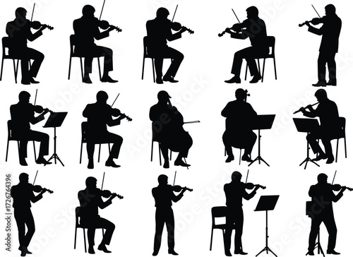 String musicians, violin cello silhouettes, orchestra performance, music stands, classical concert, seated standing figures, illustration set