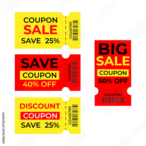 Discount coupon design, coupons are on websites, mobile apps, and print variants. They may be used in shopping, in markets, discount, and bonus cards. Vector illustration. 