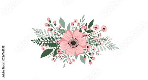 A delicate arrangement of pink flowers and green leaves.