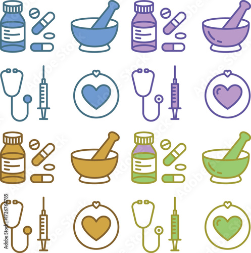 Set of monochrome pharmacy-related icons in clean vector line art style. Includes medicine bottles, pills, capsules, mortar and pestle, first aid kits, stethoscope, syringe, and other healthcare 