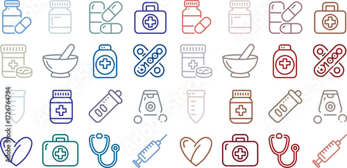 Set of monochrome pharmacy-related icons in clean vector line art style. Includes medicine bottles, pills, capsules, mortar and pestle, first aid kits, stethoscope, syringe, and other healthcare 