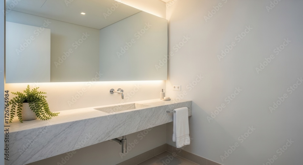 Fototapeta premium Modern bathroom interior with marble sink, large mirror and plant creating a relaxing atmosphere