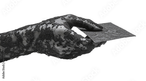 Black lace glove holding invitation, isolated on transparent background 