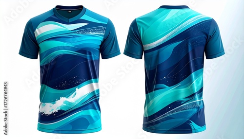 Modern sports jersey with abstract water design showcasing the front and back, A vibrant, digitally designed t-shirt perfect for athletic wear featuring a dynamic water pattern