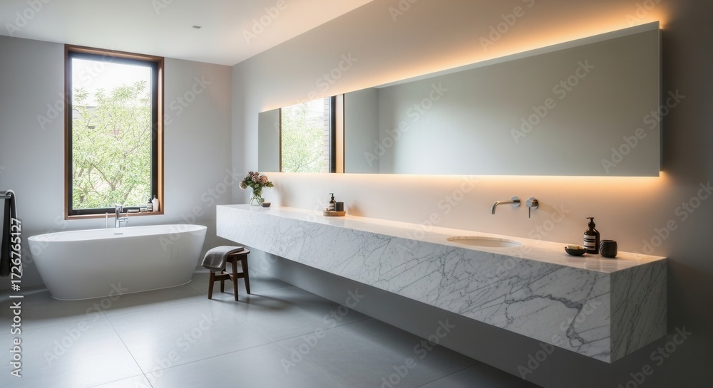 Fototapeta premium Modern luxurious bathroom with marble countertop and illuminated mirror design concept