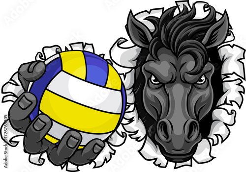 Horse mustang bronco stallion angry volleyball sports team mascot holding a ball.