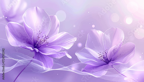 Purple flower digital art with soft glow. Beautiful abstract floral art in violet. Elegant purple blossoms on soft backdrop. Calm purple flowers with blurred effect. Digital flower design