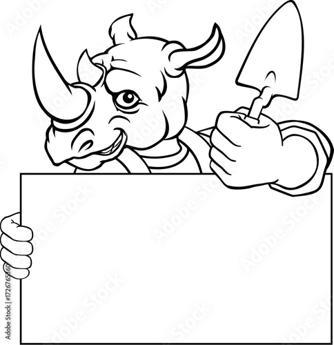 A bricklayer rhino handyman cartoon construction mascot character holding a trowel tool