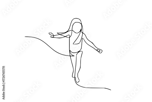 Minimalist line art of little girl balancing, showcasing innocence and playful adventure, perfect for children's illustrations or creative projects