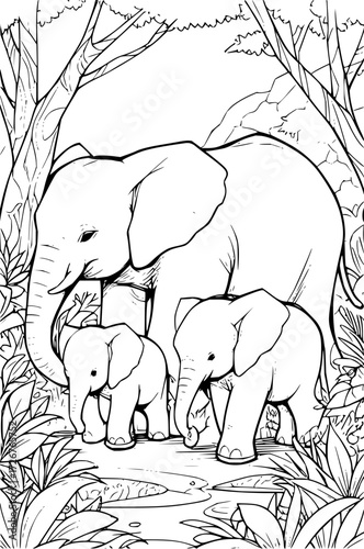 Adorable elephant family strolls through lush jungle, perfect for children's books, educational materials, and coloring pages that spark creativity