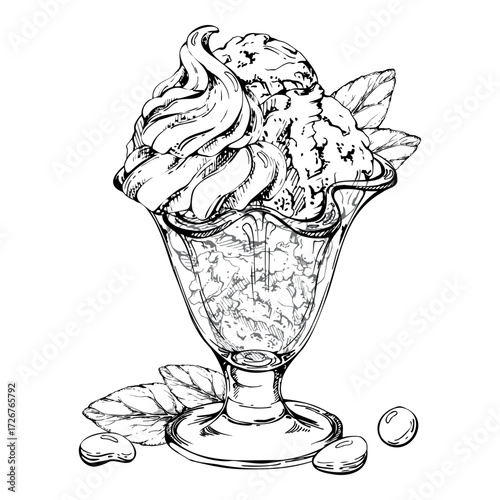 Gelato scoop, soft serve with mint leaves, dragee candy bonbons in sundae glass bowl. Vector graphic illustration hand drawn in pen and ink. Kids dessert illustration, menu banner, handcraft packaging