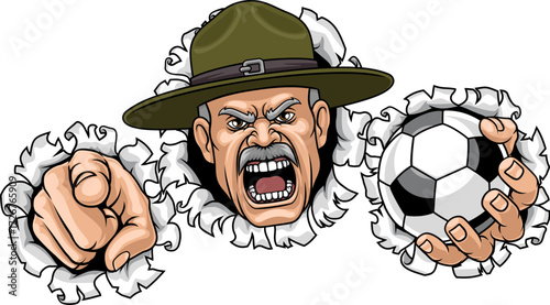 An angry drill instructor or sergeant bootcamp army soldier cartoon character holding soccer football ball and pointing sports team mascot illustration.