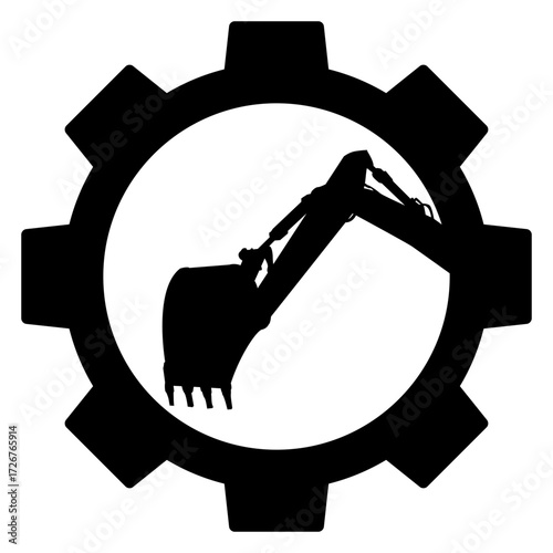 Logo maquinaria industrial. Icono engranaje con pala excavadora 