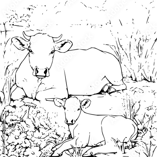 Adorable farm life scene featuring a contented cow and its calf resting peacefully in a grassy field, a heartwarming rural moment evoking tranquility