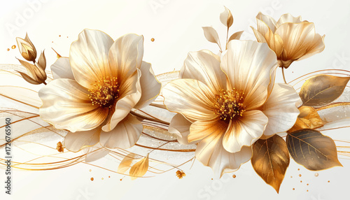 White and gold flower art with soft elegance. Golden magnolia flowers on a soft white background. Romantic white flower design with golden details. Chic white and gold floral decoration