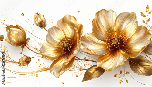 Luxurious golden floral illustration with white highlights. Golden magnolia flower art with subtle elegance. Sophisticated golden, white flower decoration. Chic golden flower design with modern flair