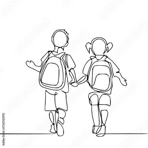 Charming line art of kids heading back to school, holding hands and wearing backpacks, perfect for educational resources and childhood memories, originally scalable