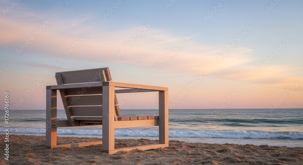 Fototapeta premium Serene Beach Relaxation: Empty Chair Facing the Ocean at Sunset with Soft Pastel Sky The perfect
